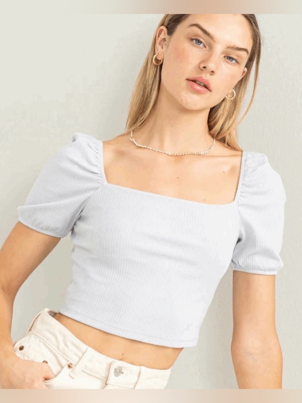 Double Zero Gray Puff Sleeve Cropped Top Size Large NWT